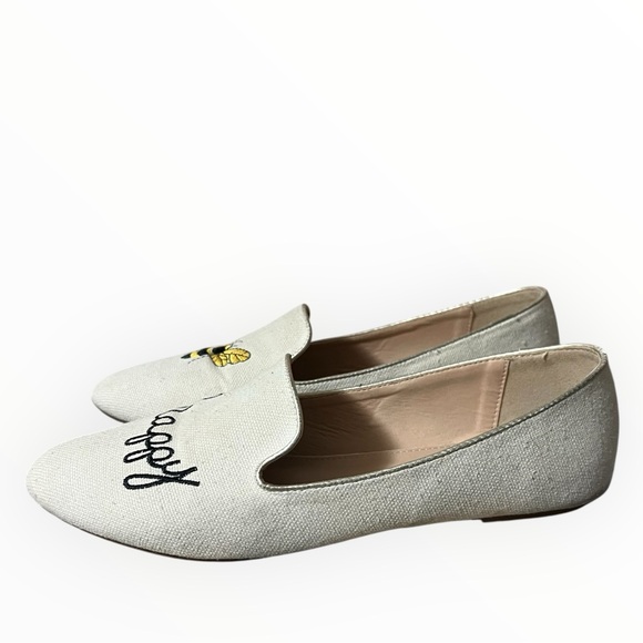 C Wonder Bee Happy Embroidered Loafer Flats Womens Size 9.5 Natural Linen Color - Picture 3 of 9
